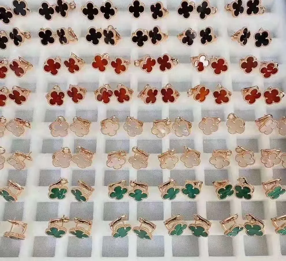 

High quality S925 lucky VCA clover Earrings Fashion Classic Van clover natural agate earclip pattern flower micro label Earrings, Siver