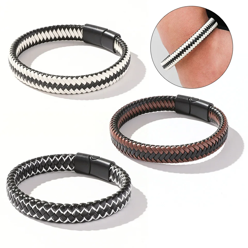 

2022 New Fashion Handmade PU Woven Bracelet Magnetic Clasp Genuine Leather Bracelet For Men