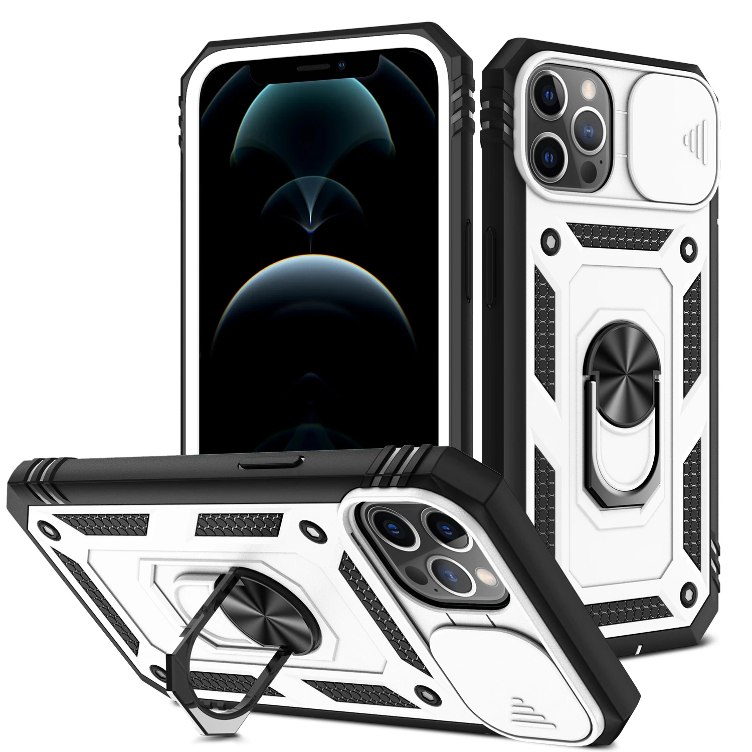 

Leyi 3 in 1 shock proof phone cases for iphone 13 pro 360 degree protection shock absorbing materials100 &360 gear rotating ring, 8 colors can choose