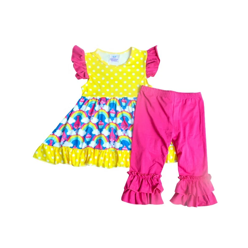 

kids custom clothes yellow polka dots pearl dress hot pink double ruffle pants clothes sets girl 2 pices clothes