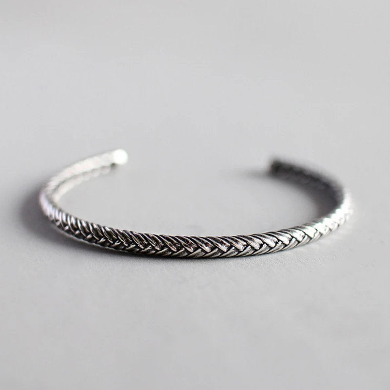 

Hot Style 925 Sterling Silver Simple Retro Vintage Twist Open Bracelets Bangle Jewelry for Women/Men