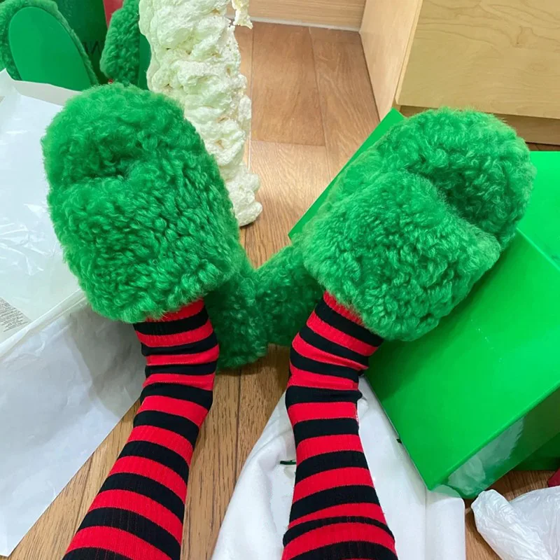 

2021 New Winter Ladies Slippers Green Plus Size Open Toe Platform Women Slippers