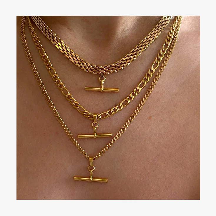 

Wholesale Fashion Jewelry Cuban Chain Rope Chain 18K Gold Plated Stainless Steel Necklace With Simple Bar Pendant