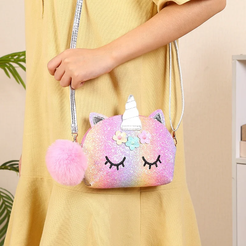 

Design Korea Mini Cute Polyester Crossbody Rainbow Unicorn Cartoon Sequins Kids Girl's Shoulder Bags, Customized
