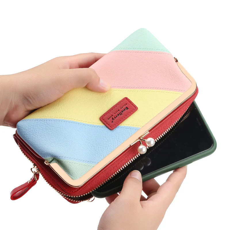 

OEM dompet purse contrast color PU stitch purse crossbody women ladies purse bag card holder cash envelope money clip wallet, Multicolor