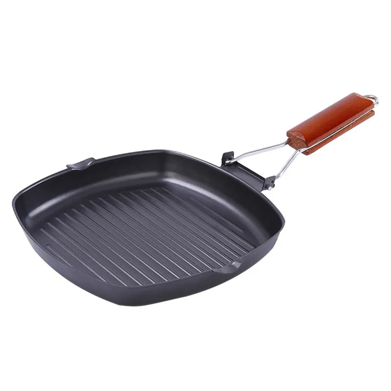 

Outdoor BBQ Pan Picnic Folding Portable Frying Pan Cast Iron Pot Baking Pan Anti-scalding Wooden Handle Double Mouth Deep Steak, Black