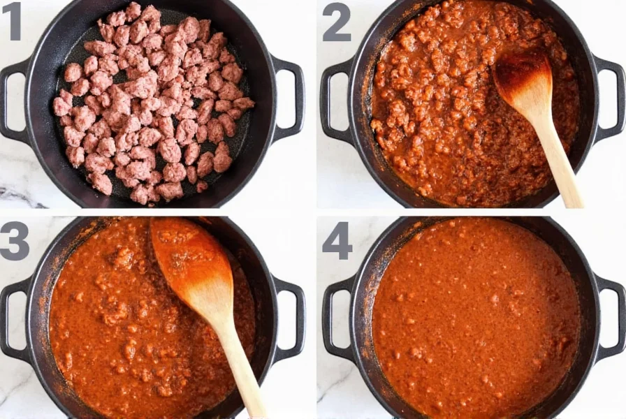 Step-by-step preparation of ground meat chili showing browning process and final serving