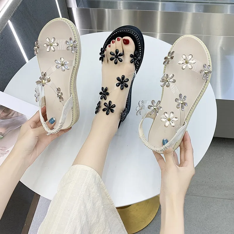 

2021 New Arrival Women's Summer New Style Thick-soled Increased Casual Flowers Transparent Roman Shoes