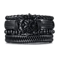 

4pcs/ Set Braided Wrap Leather Bracelets Men Women Vintage Wooden Beads Ethnic tribal Wristbands Rudder Bracelet