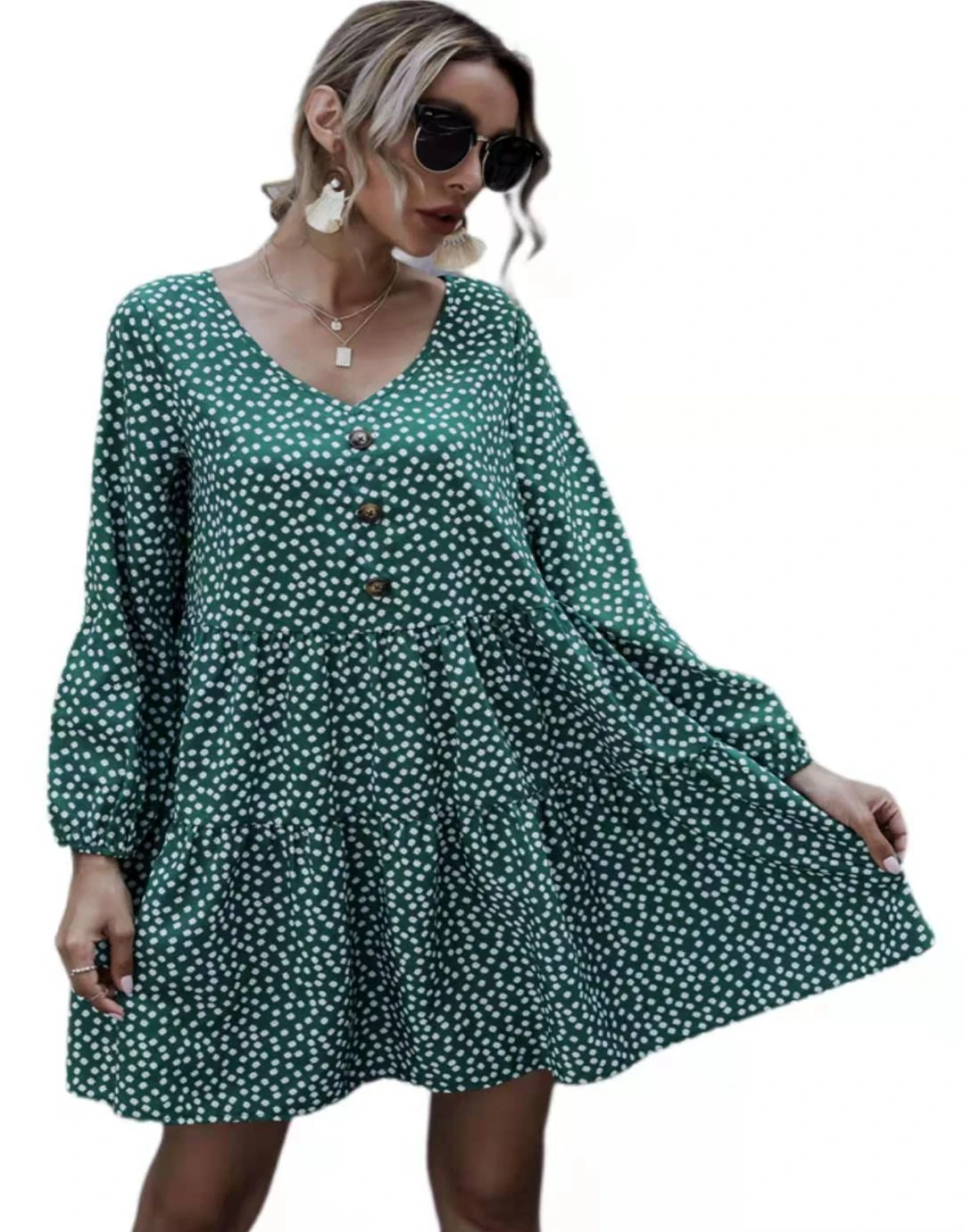 

Foreign trade women's cross-border real photo button type V-neck polka dot dress slim slim women's skirt dress, Shown