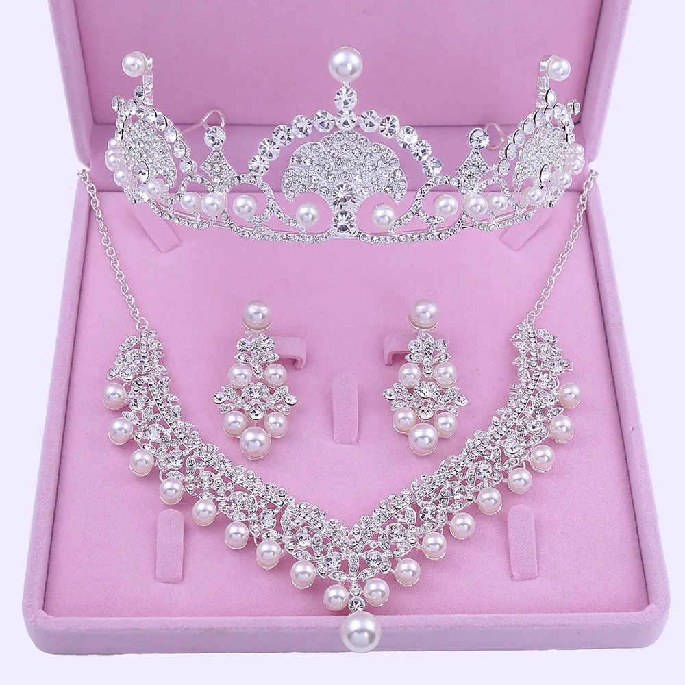 

High Quality Bridal Crystal Pearl Wedding Pageant Crown Tiara With Necklace And Earrings Hair Accesorios Jewelry Sets