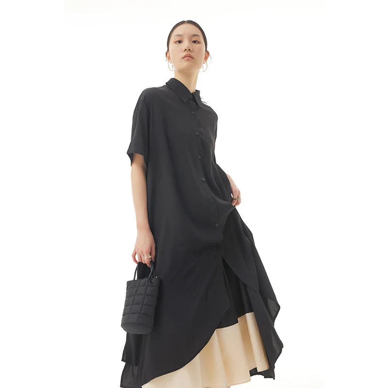 

Wholesale Summer New 2022 Casual Plus Size Women's Trendy Dress Diagonal slit design Look Thin Short Sleeve Shirt Dress 82000