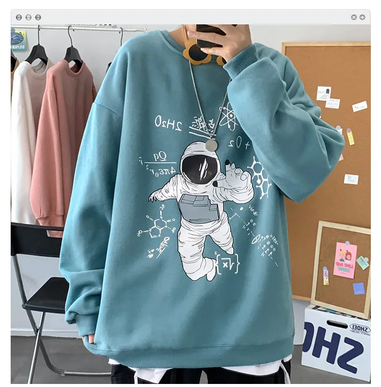 

2021 Fall Winter Pullover Cartoon Astronaut Print Plus Velvet Thick Warm Long sleeved Sweatshirts Men, Pic