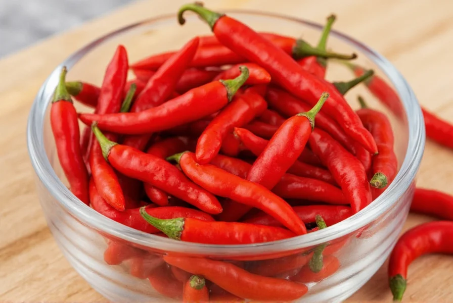 Close-up view of cayenne peppers showing vibrant red color and slender shape on wooden cutting board