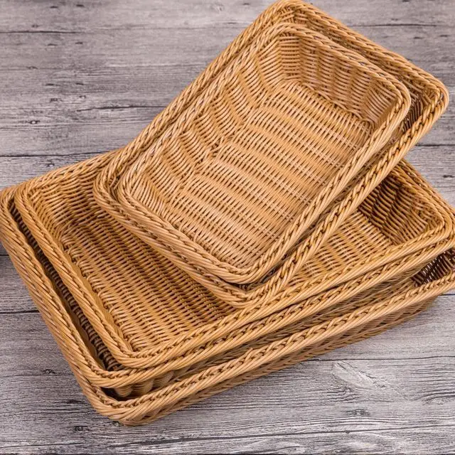 

Handmade durable supermarket rectangle brown fruit and vegetable plastic rattan basket display bread basket small storage basket, Light brown/brown