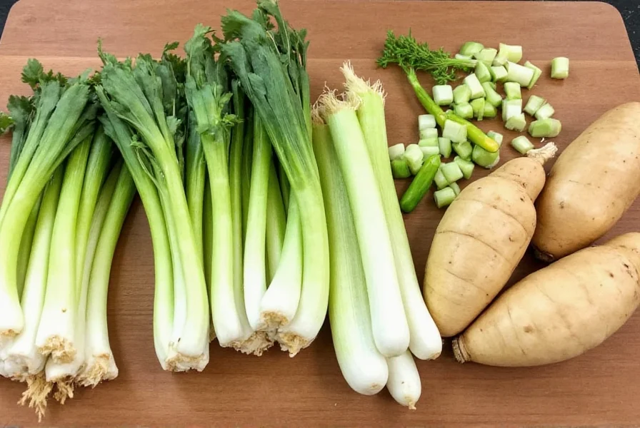Various celery substitutes arranged on cutting board including fennel, leeks, and parsnips