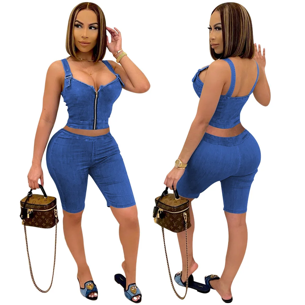 

Zipper solid color imitation denim fashion casual suit short pants two piece denim 2 piece set, Picture
