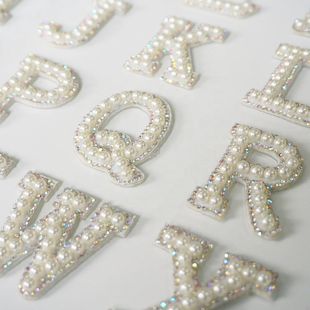 

New Products Rhinestone Pearl Patches AB Crystal Diamond Beaded Letter Applique Non-woven Alphabet Clothing Sticker DIY Name, As the picture