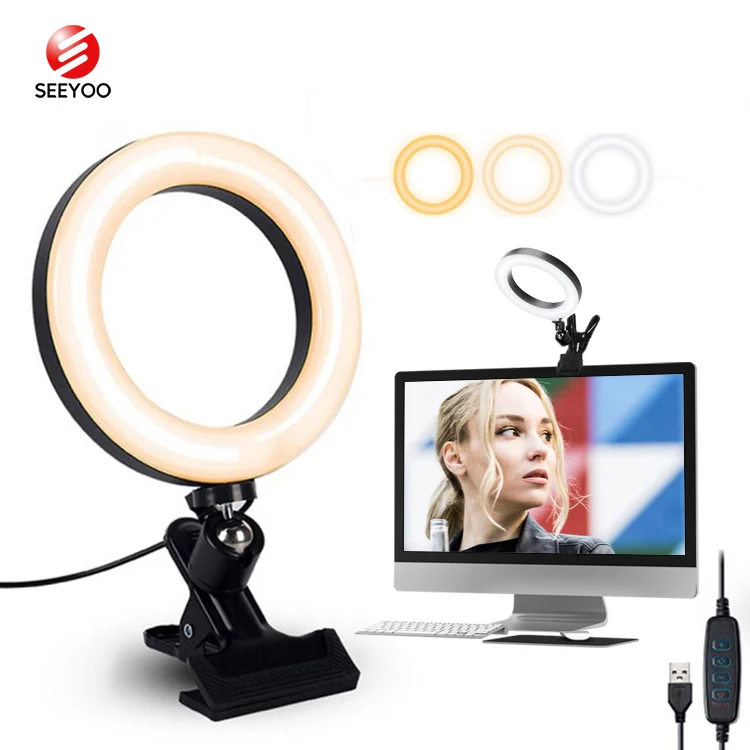 

Hot Sale Tiktok Video Conference 6 inch 3 Light Mode Dimmable Clip On Computer Laptop Led Ring Light