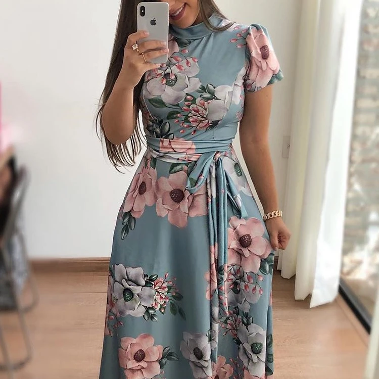 

2021 fashion women's floral short sleeve dress casual sexy long dress, 3colors