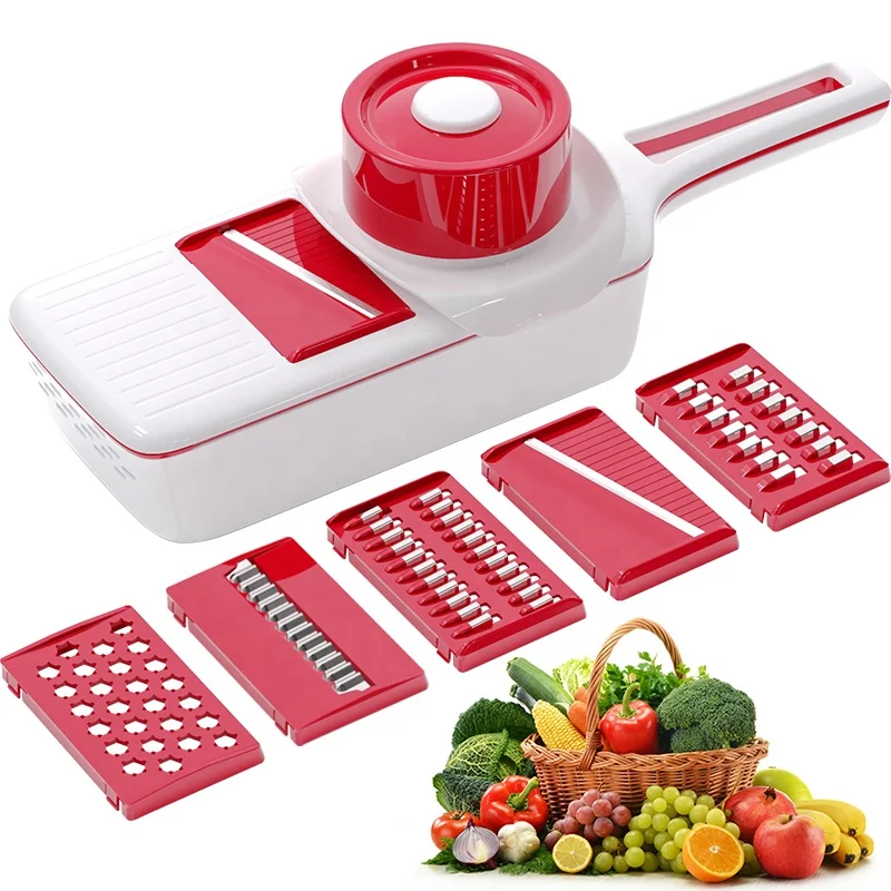 

Multifunctional hand vegetable cutter slicer shredder with 6 baldes and drain basket, Red
