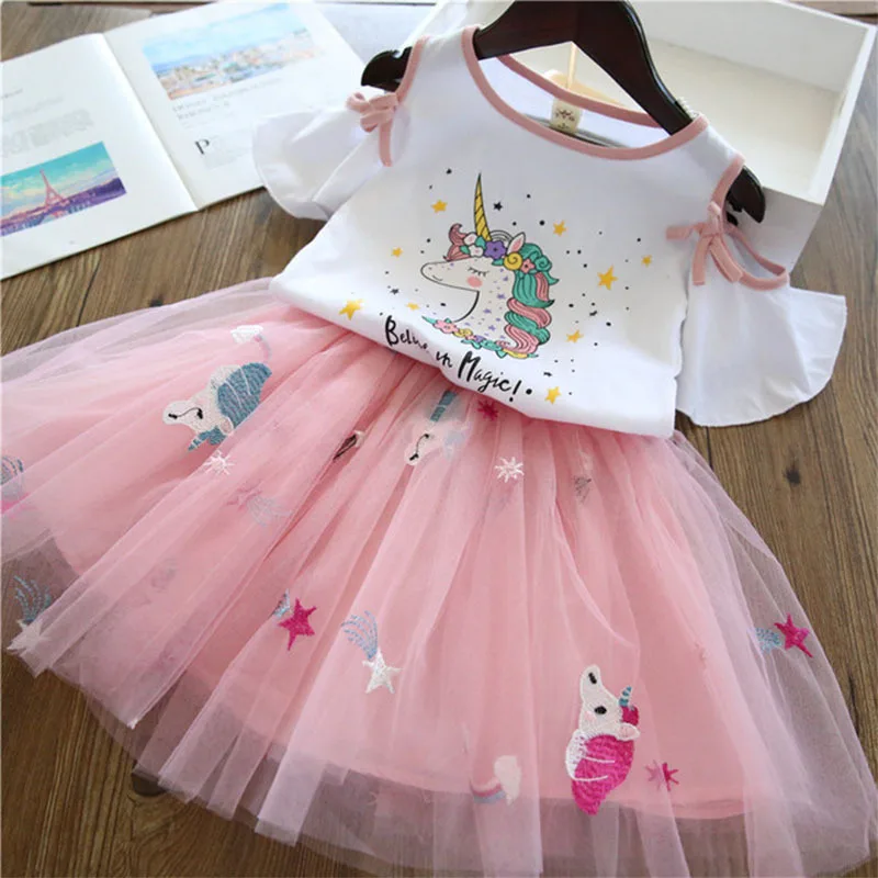 

2020 summer Korean girls printed short-sleeved T-shirt + bouffant gauze skirt net gauze skirt sets