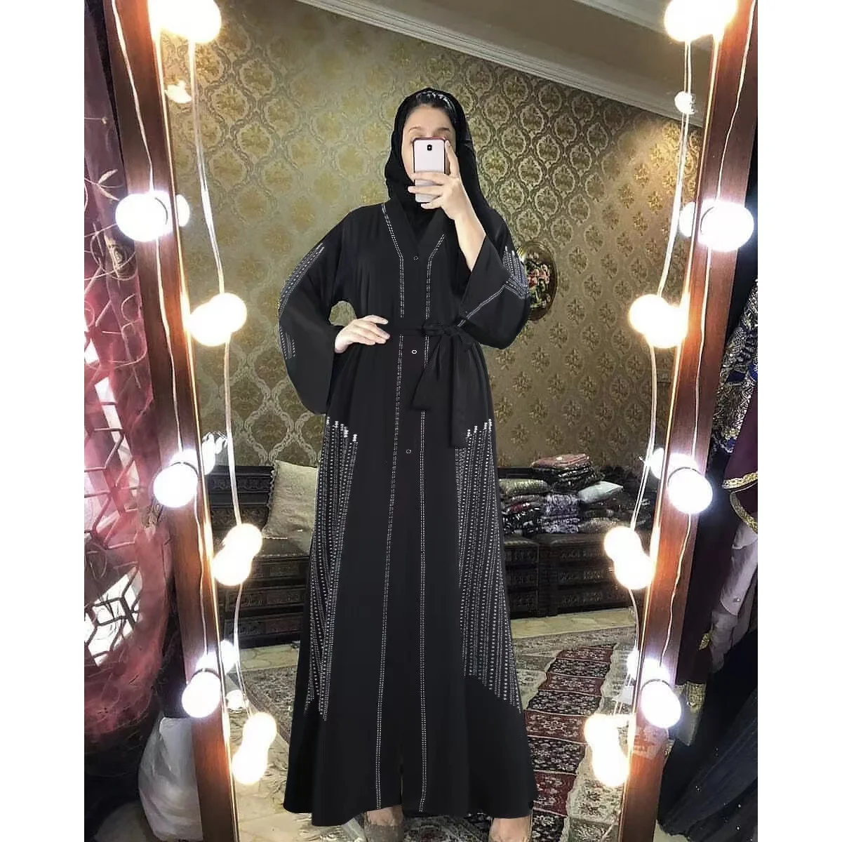 

2022 latest design luxury rhinestone diamond abaya with hijab chiffon two piece set Islamic clothing kaftan style muslim dress, As picture