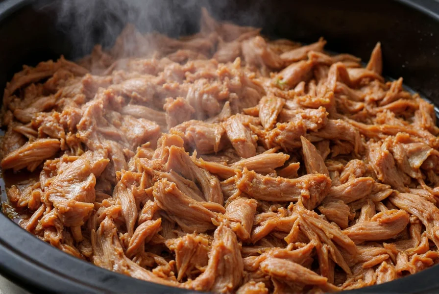 Perfectly shredded Dr Pepper pulled pork in slow cooker with steam rising, close-up shot showing tender meat fibers and glossy sauce