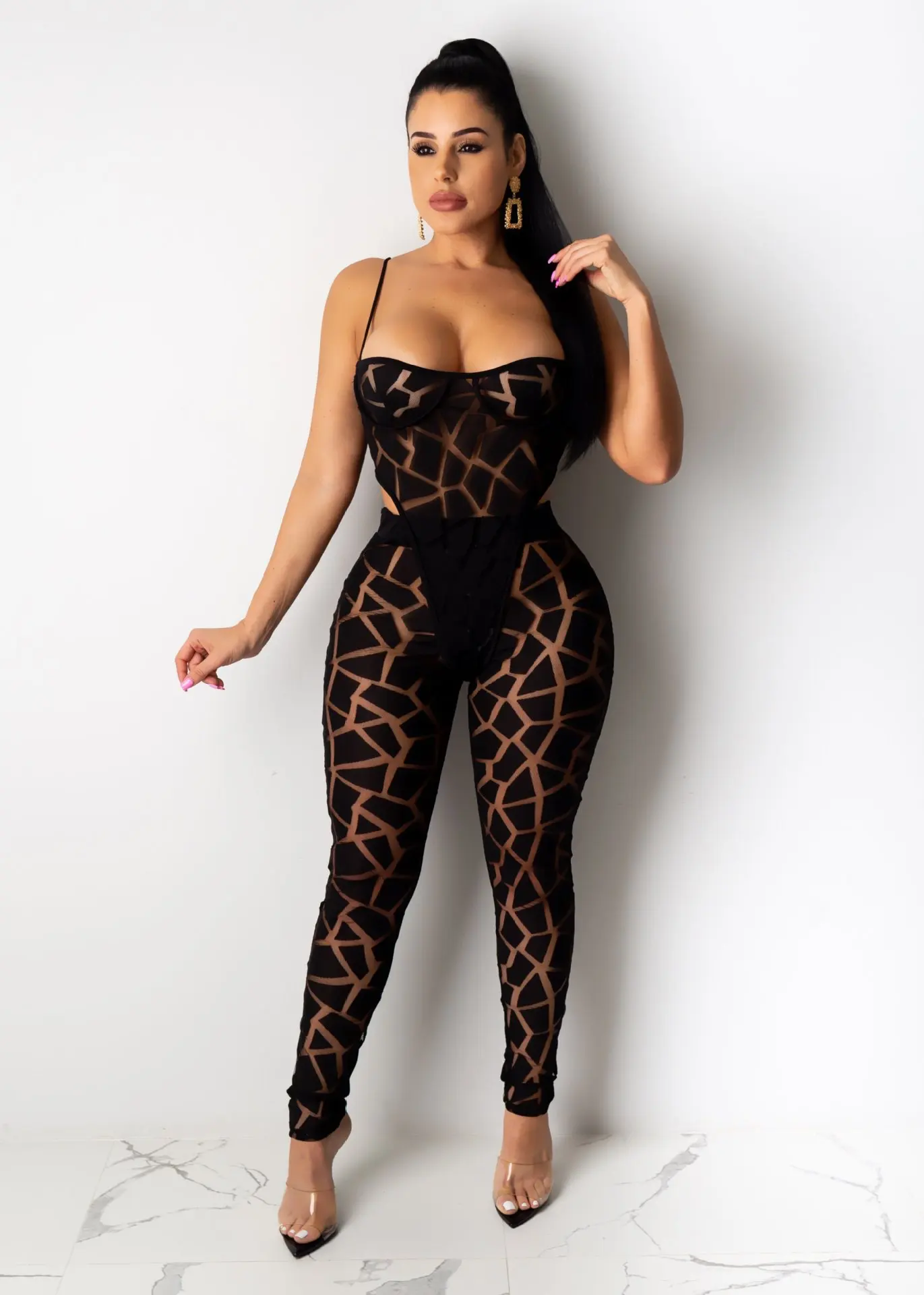 

2021 Women Fashion Fall Matching Sets 2 Piece Outfits Jumpsuit And Rompers Club Party Bodycon Mesh Sexy Jumpsuit Bodysuits