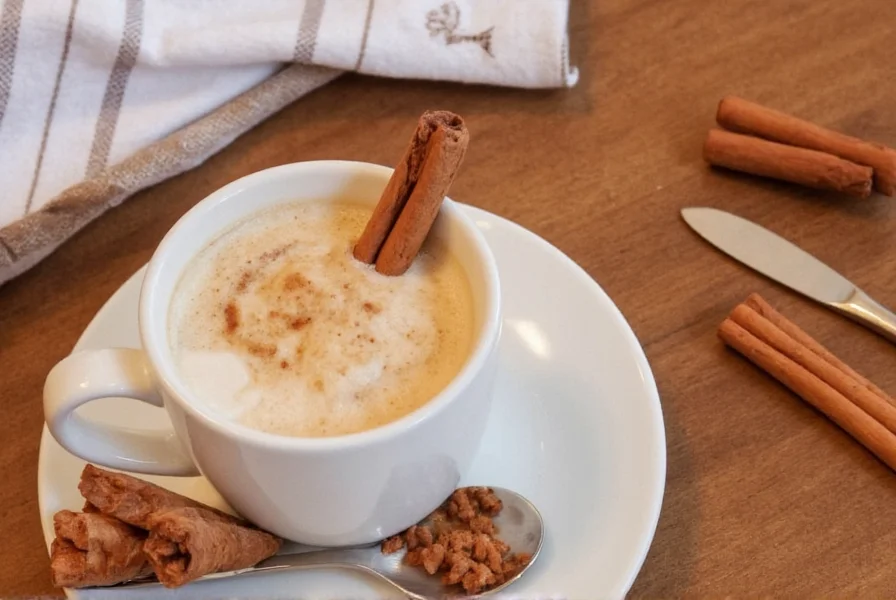 Two coffee mugs with cinnamon sticks and ground cinnamon displayed beside coffee beans