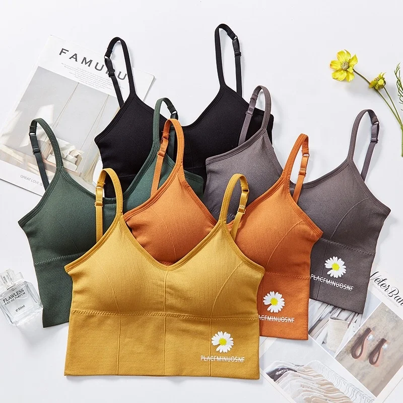 

the most popular U back chest sports Tube Top Chrysanthemum Wrapped Chest Girl Lady Vest Daisy Seamless Bra, Black, , blue, green, nude,white,yellow,gray