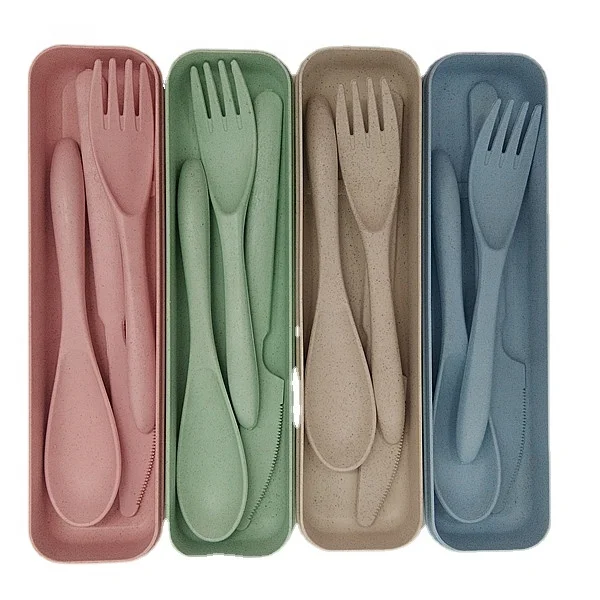 

Hot Sale Biodegrade Plant Wheat Straw Material Eco-Friendly Cutlery Set Eco Natural Flatwares Tableware Sets With Spoon Fork Box, Customized