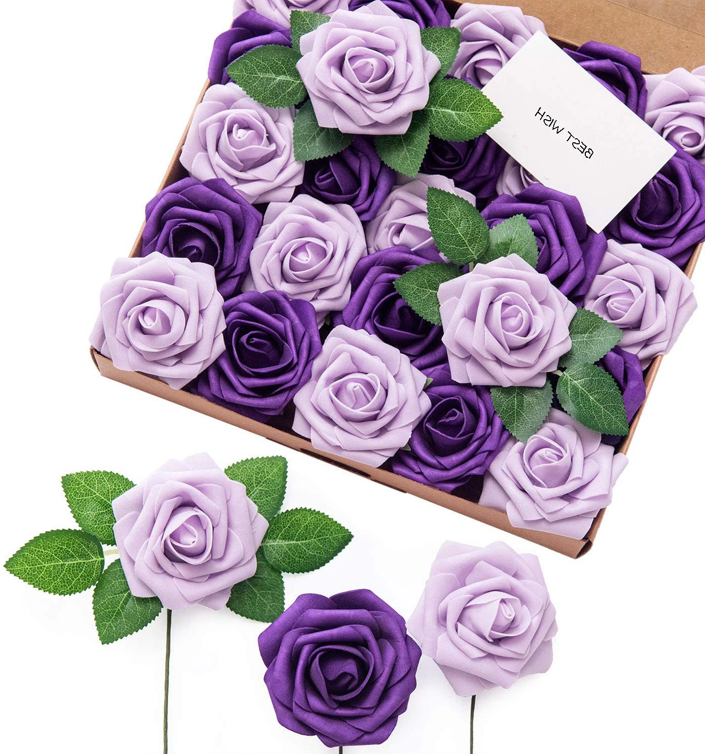 

Artificial Rose Flowers 25pcs Lilac Purple Realistic Faux Roses W/Stem For Diy Wedding Bouquets Centerpieces Bridal Shower Party