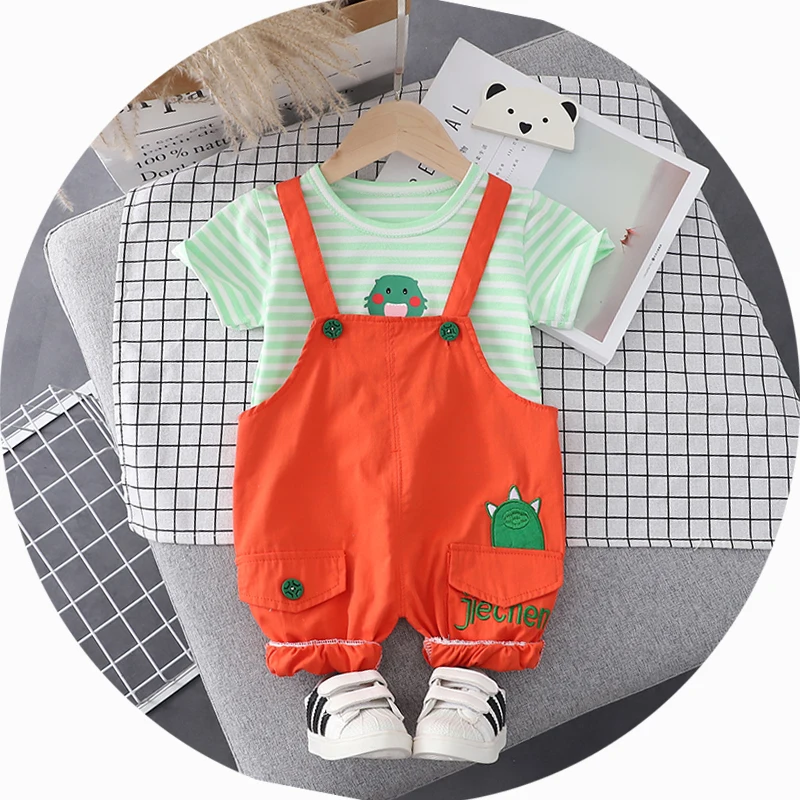 

Summer hot sale children's clothing wholesale boys and girls wear striped short-sleeved and candy-colored cute bib pants casual, Picture