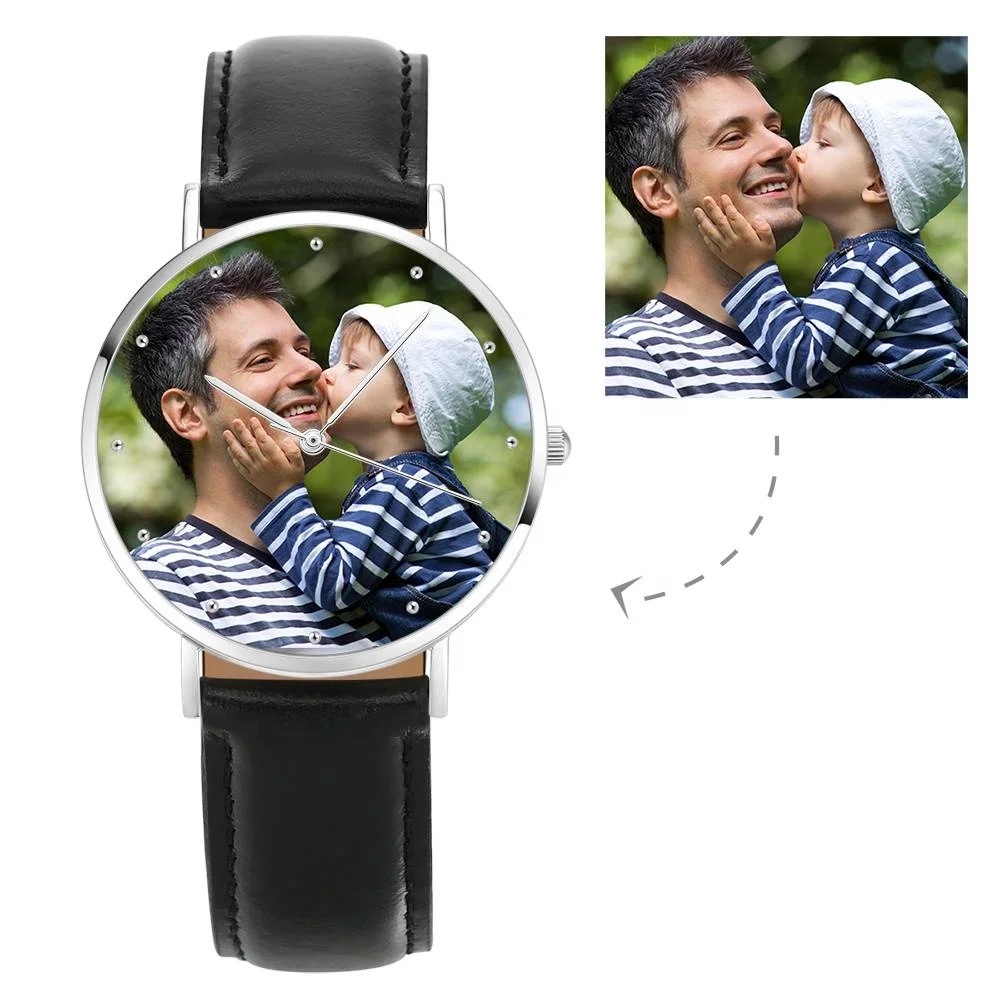 

40mm Personalized Engraved Men Hand Watch Father's Day Gift Custom Logo Photo Watch With Black Leather Strap