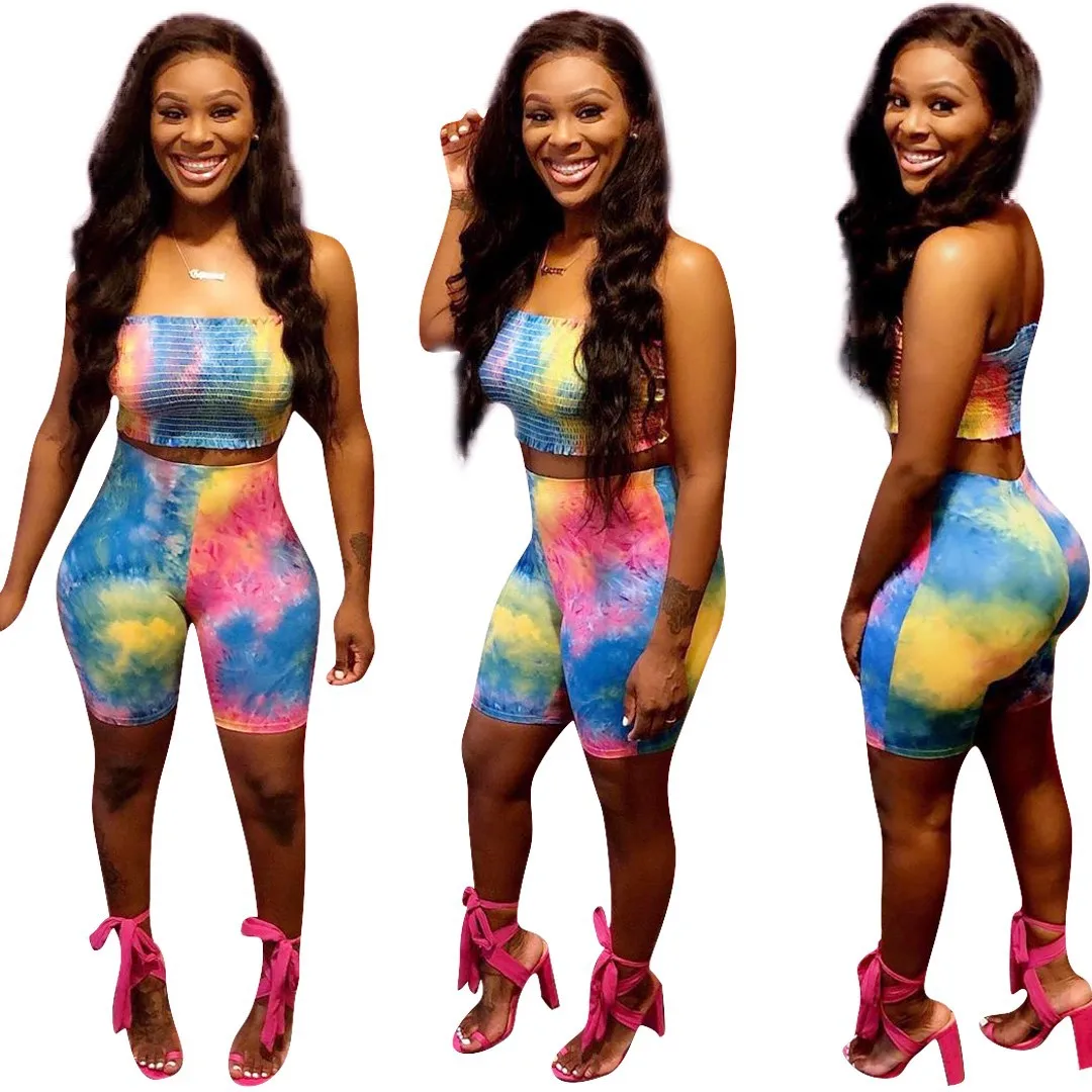 

2021 new arrival short-sleeved crop top Bodycon cut-out halter tie dye casual female two-piece summer shorts