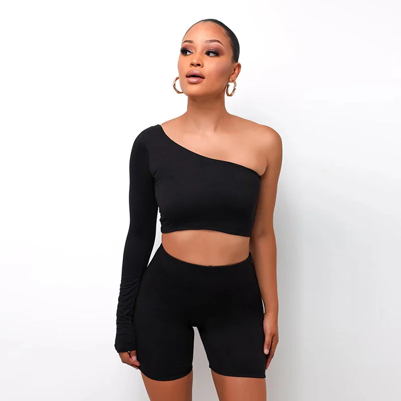 

2021 new fitness tracksuit one-sleeve sexy off-the-shoulder two-piece sets for women
