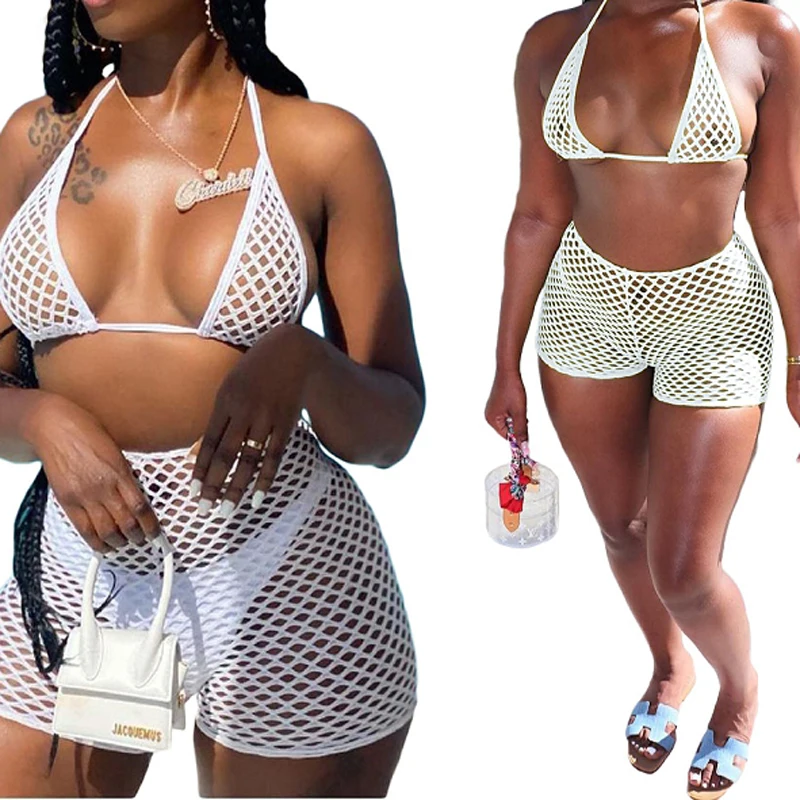 

2021 new high waist bra crop top Sexy bikini three piece set solid hollow out swimwear women strapless swimming bathing suit