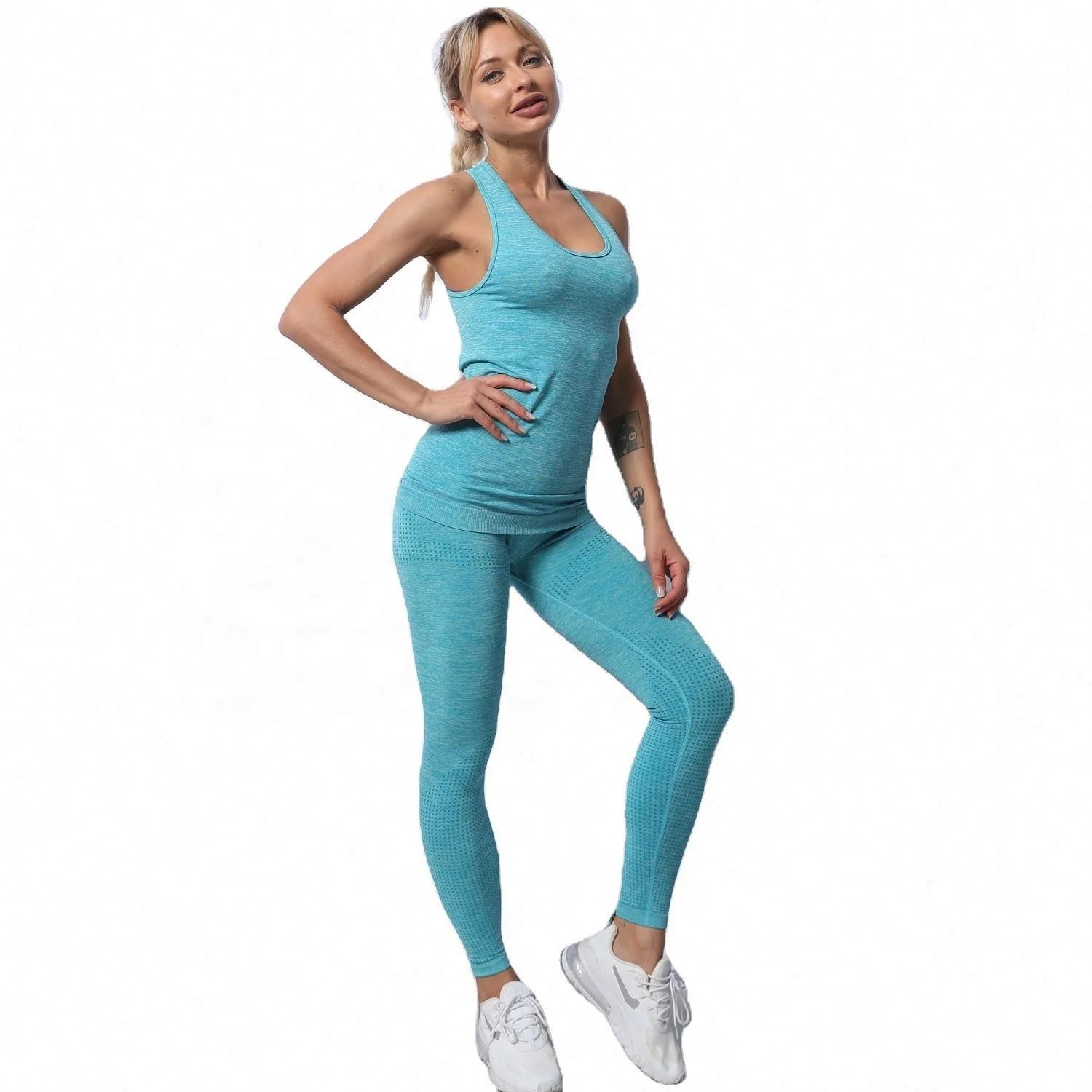 

Hot Sale Amazon Workout Running Clothing Vest And Leggings Yoga Wear Two Piece Outfit Gym Seamless Set, Customized colors