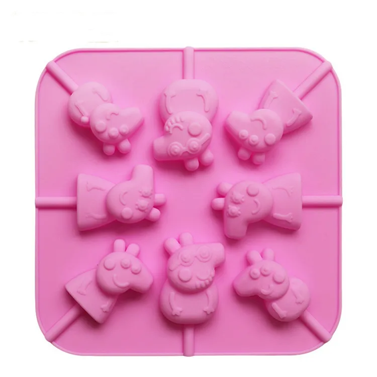 

8 cavity pig shapes silicone lollipop hard candy mold with sticks, Random