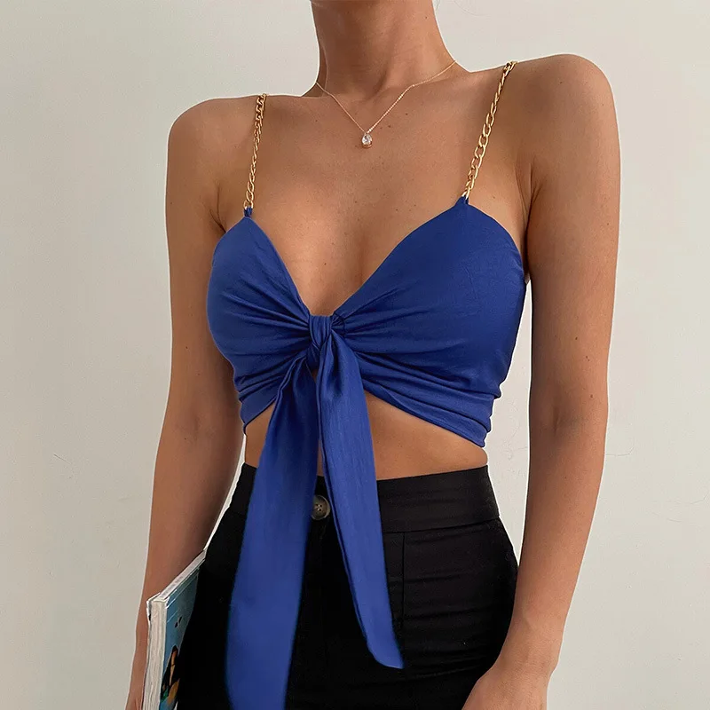 

Dropshipping Chain Spaghetti Strap Bow Tie Front Sexy V-Neck Summer Crop Tops Women 2022 Blue Sleeveless Party Club Top