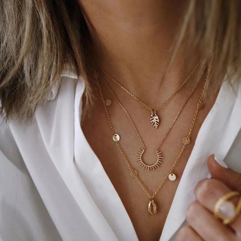 

2020 bohemian summer new gold shell round creative leaf multi-layer women girl charm jewelry pendant necklaces, 1 color