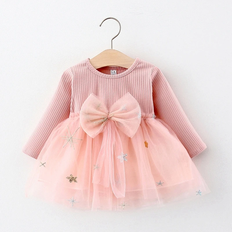 

2020 Autumn Cute Bow Mesh Newborn baby Dress Long sleeve Princess Dresses for Girl Toddler Kids Dress