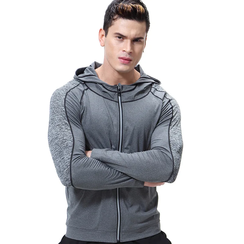 

Gray casual long-sleeved jacket men's quick-drying sports jacket running pro clothing stretch hooded zipper fitness clothing