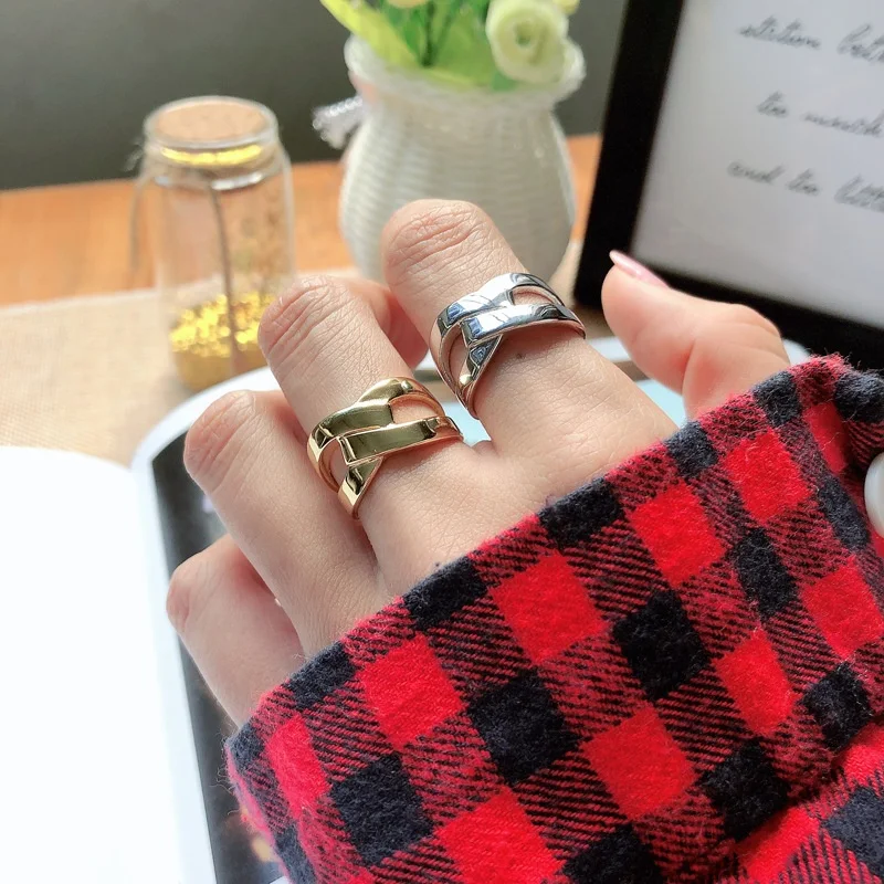 

925 Sterling Silver X Shape Bold Open Ring Gold Twisted Wide Rings Geometric Interlaced Ring Adjustable