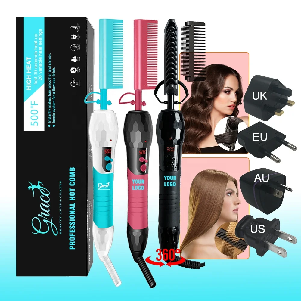 

Custom Print Logo 500 F Dual Voltage Heat Pressing Anti Scald Heat Styling Hair Curler Straightener Electric Hot Comb