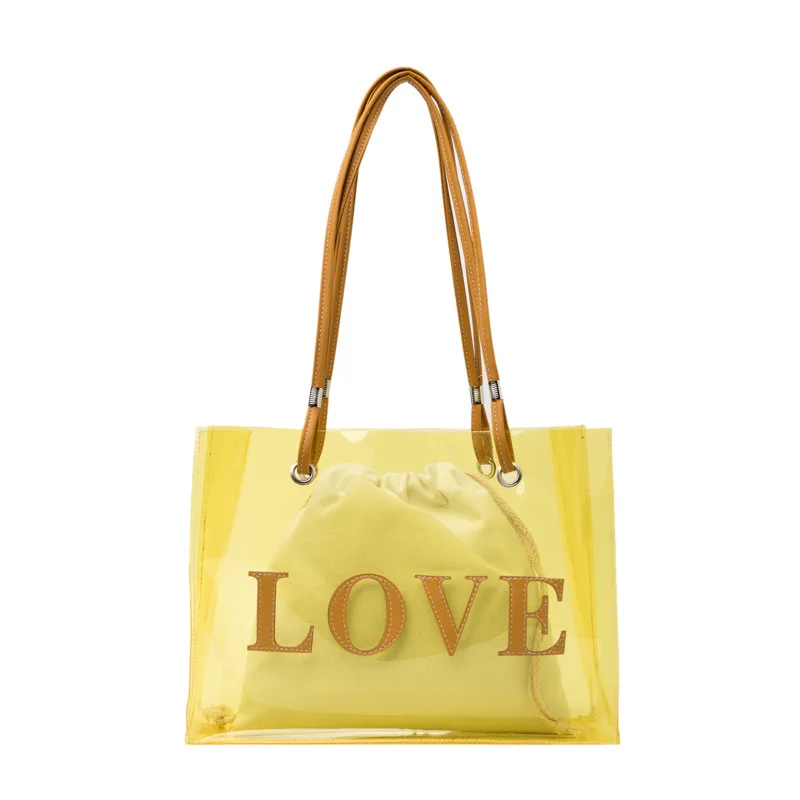 

INS Korean Style Letter Printing Clear PVC Large Tote Bag Women Lady Commuting 2 In 1 Shoulder Bag Set Young Girls Beach Handbag