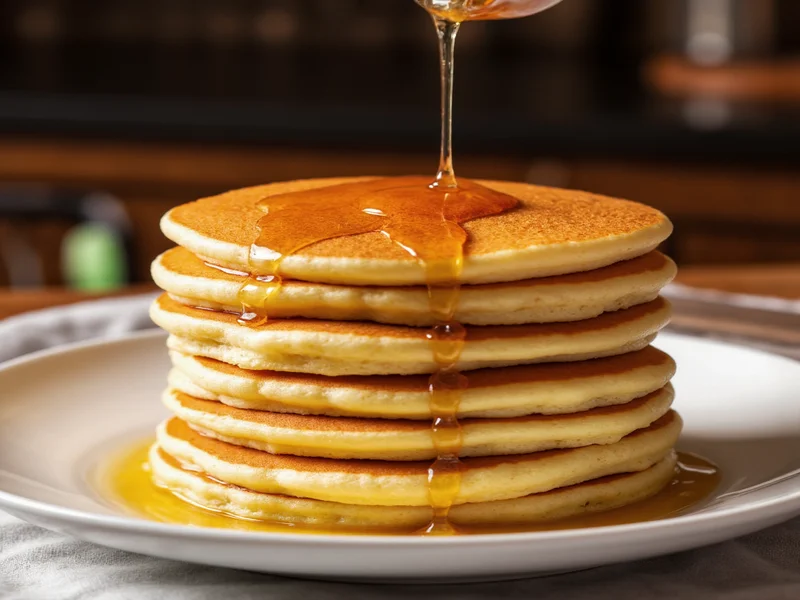 Stack of perfectly fluffy golden pancakes with syrup
