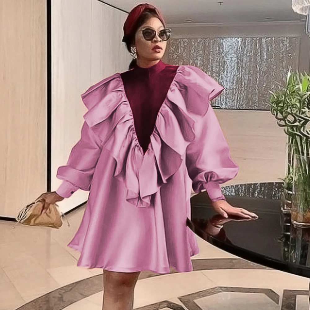 

Fall Patchwork Ruffle New Long Sleeves Lovely Christmas Girl Prom Dress, Pink