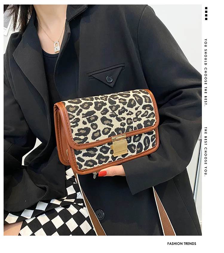 

2022 new retro ins trendy female bag leopard pattern lock messenger bag fashion one-shoulder small square bag, Black, brown